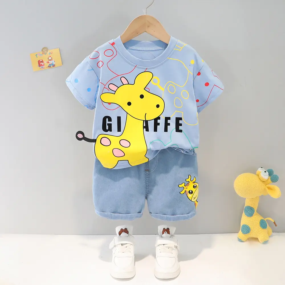 2022 Cartoon Giraffe T-Shirt Shorts Set for Girls Boys 1-4Y - Image 5