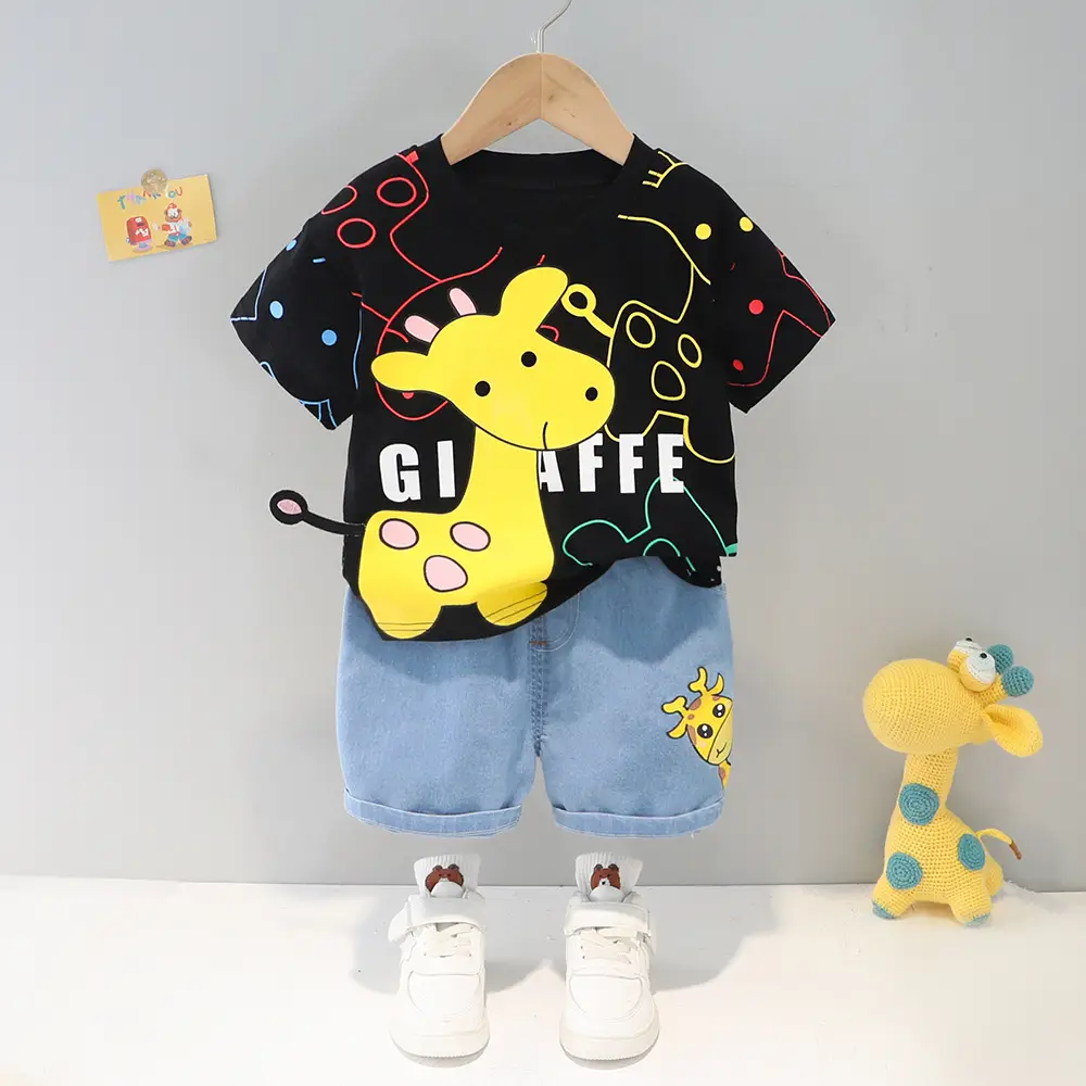 2022 Cartoon Giraffe T-Shirt Shorts Set for Girls Boys 1-4Y - Image 6