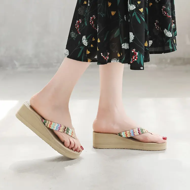 Women's Colorful Straw Flip Flops Summer Wedge Sandals - Image 6