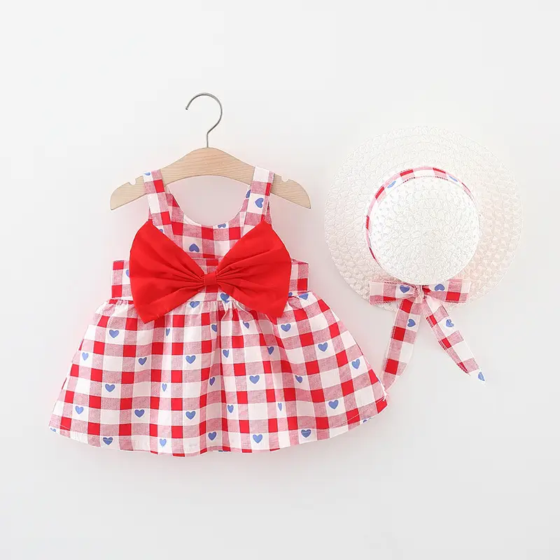 Baby Girl Red Checkered Bow Dress Cotton Princess Dress