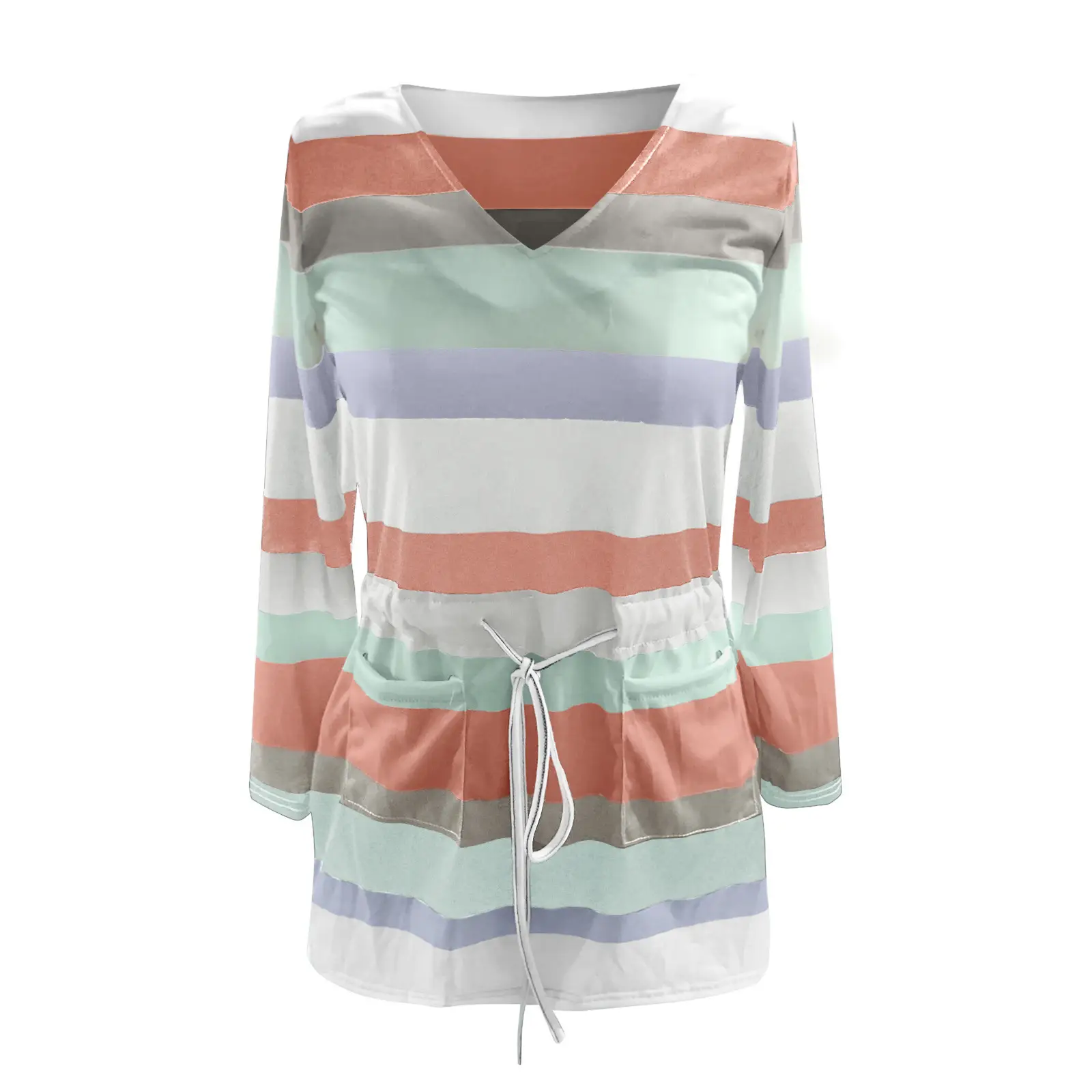 Women's Black White Striped Pocket Dress with Belt - Image 11