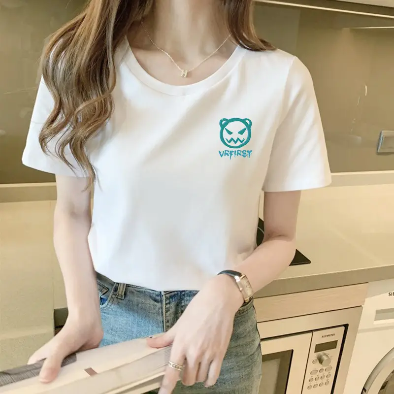 Women 2025 Pure Cotton Round Neck T-Shirt White - Image 32