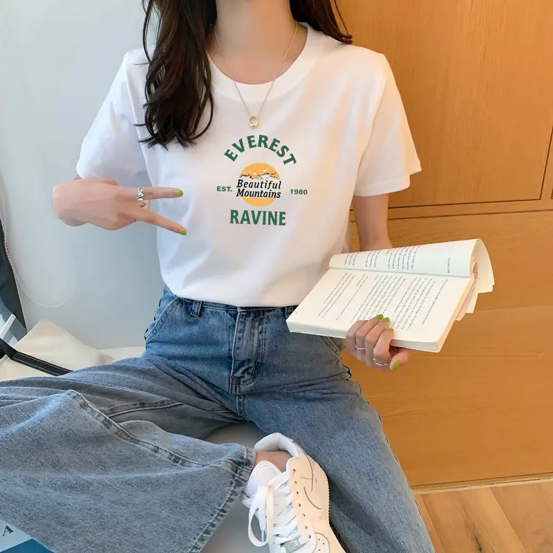 Women 2025 Pure Cotton Round Neck T-Shirt White - Image 13