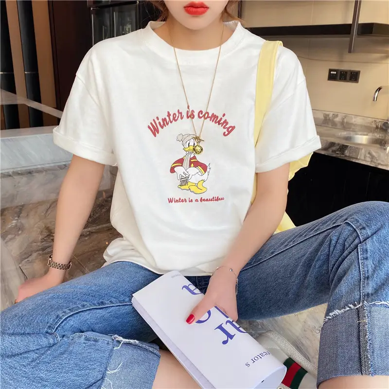 Women 2025 Pure Cotton Round Neck T-Shirt White - Image 27