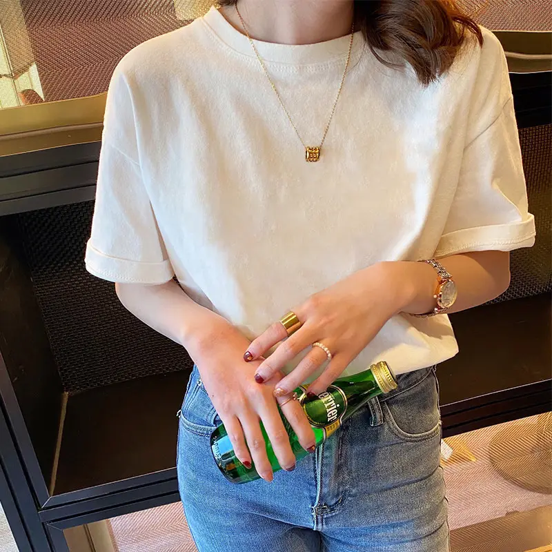 Women 2025 Pure Cotton Round Neck T-Shirt White - Image 28