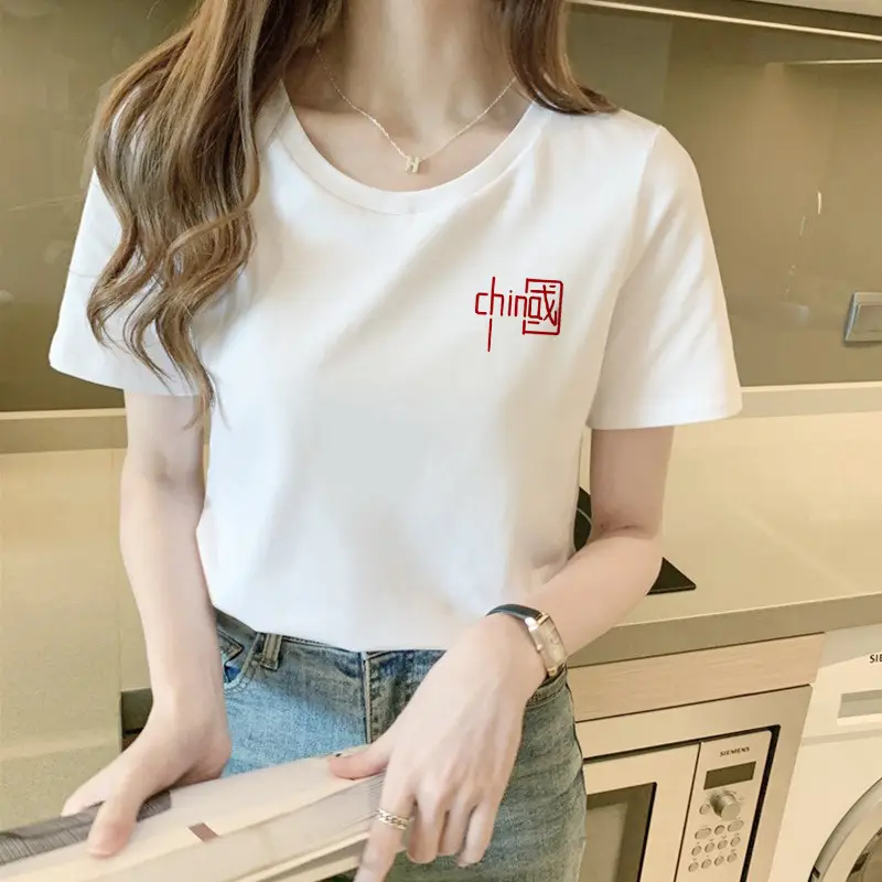 Women 2025 Pure Cotton Round Neck T-Shirt White - Image 5