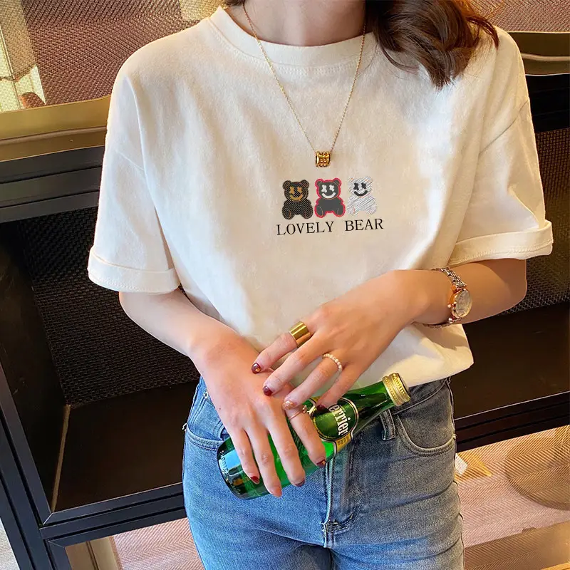 Women 2025 Pure Cotton Round Neck T-Shirt White - Image 9