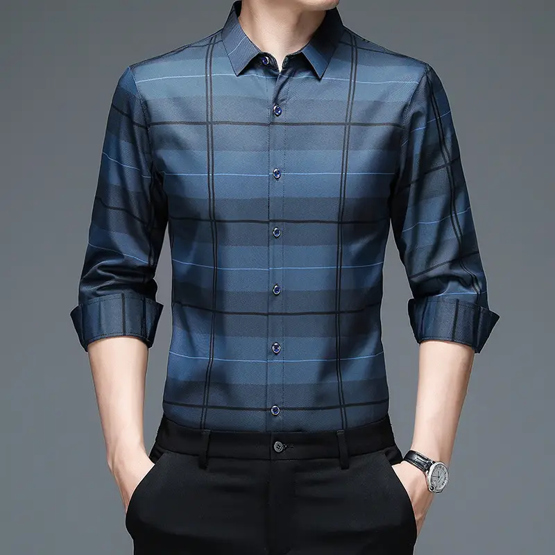 2023 Maroon Plaid Long Sleeve Men's Shirt
