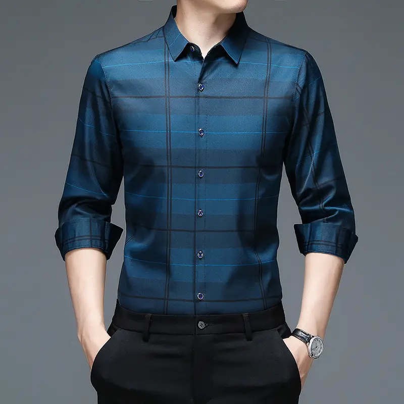 2023 Maroon Plaid Long Sleeve Men's Shirt