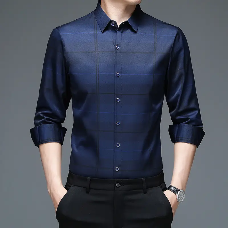2023 Maroon Plaid Long Sleeve Men's Shirt