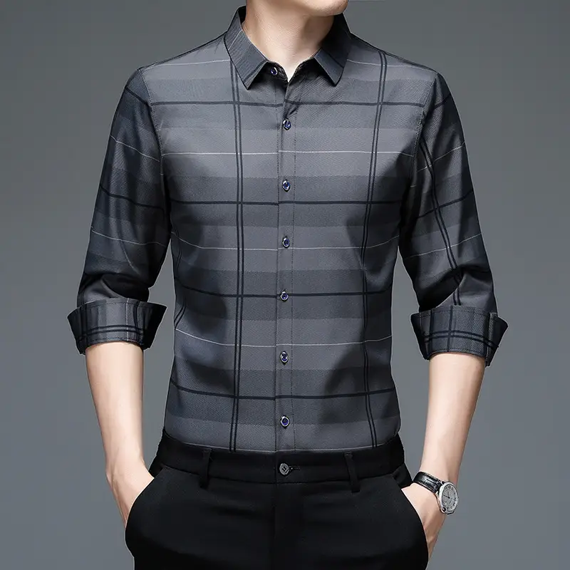 2023 Maroon Plaid Long Sleeve Men's Shirt
