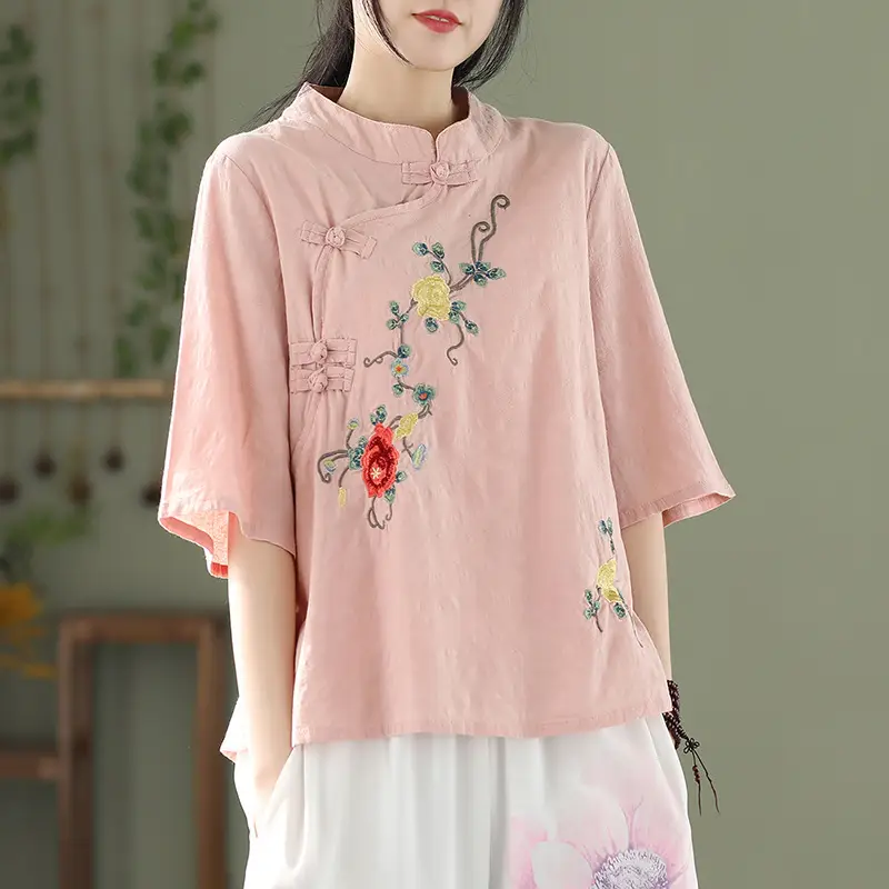 Women Cotton Linen Embroidered Tea Suit Pink Large