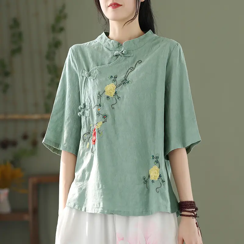 Women Cotton Linen Embroidered Tea Suit Pink Large