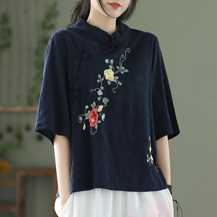 Women Cotton Linen Embroidered Tea Suit Pink Large