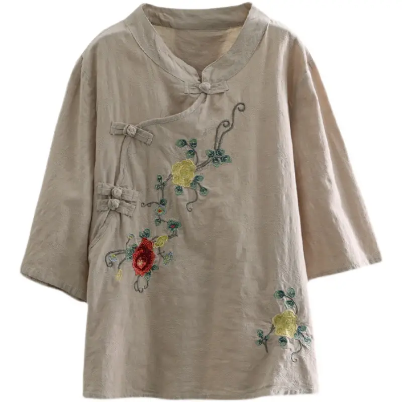 Women Cotton Linen Embroidered Tea Suit Pink Large