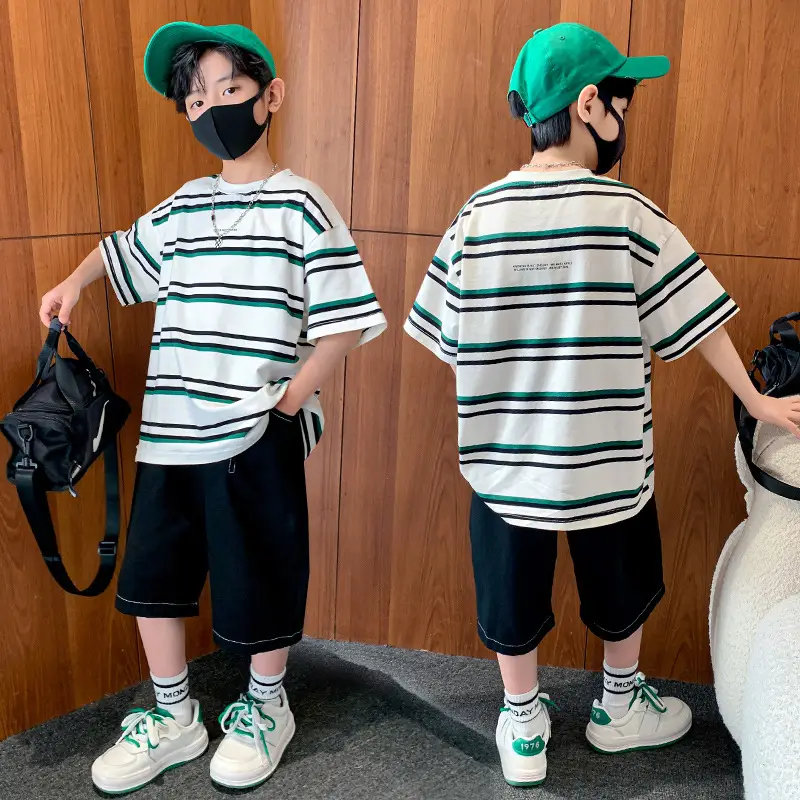 Children's Striped T-Shirt Green White Crew Neck 2025 - Image 4