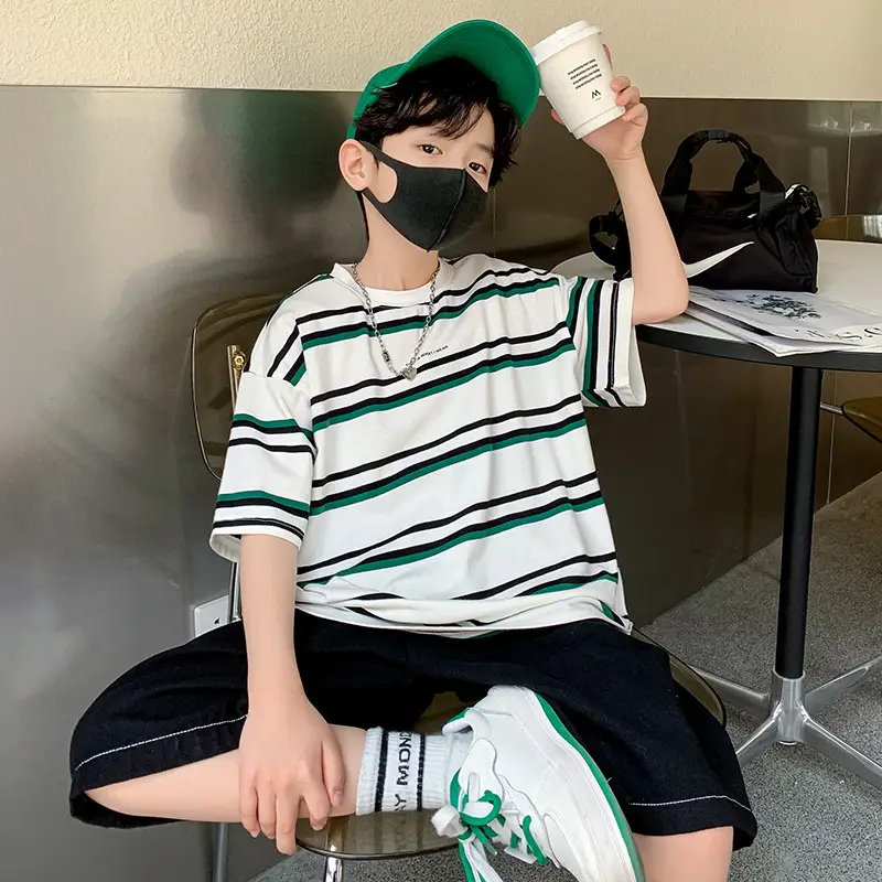 Children's Striped T-Shirt Green White Crew Neck 2025 - Image 5