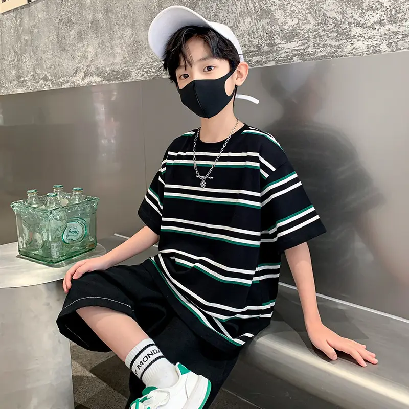 Children's Striped T-Shirt Green White Crew Neck 2025 - Image 6