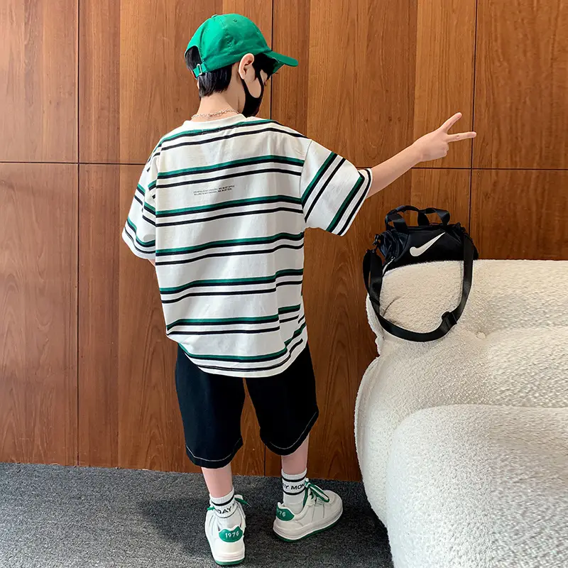 Children's Striped T-Shirt Green White Crew Neck 2025 - Image 7
