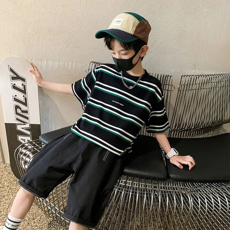 Children's Striped T-Shirt Green White Crew Neck 2025 - Image 3