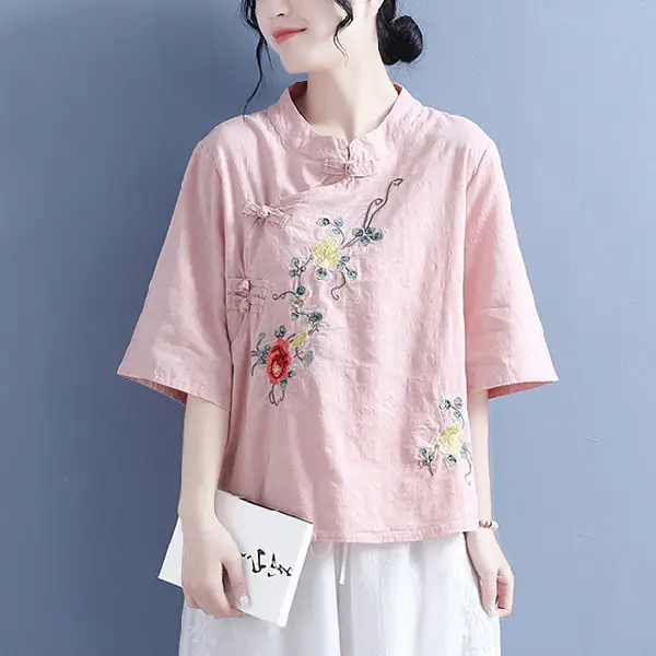 Women Embroidered Blue Collar Pullover Summer Wear - Image 2