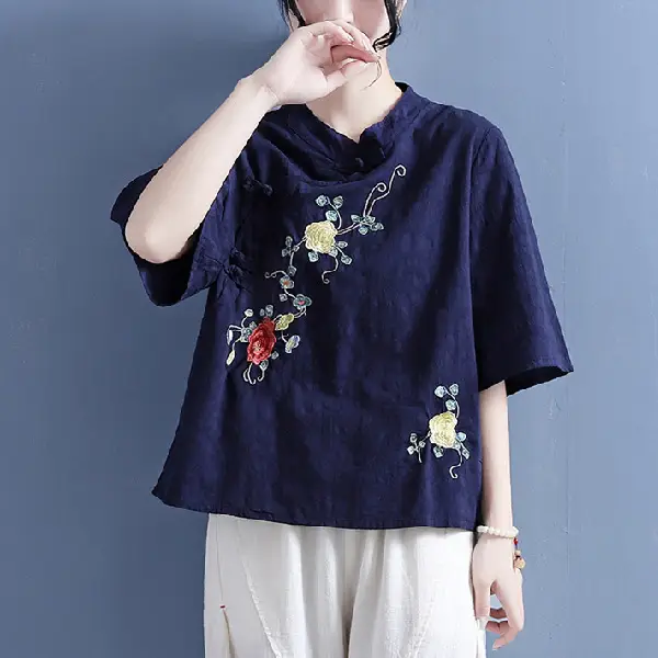 Women Embroidered Blue Collar Pullover Summer Wear - Image 4