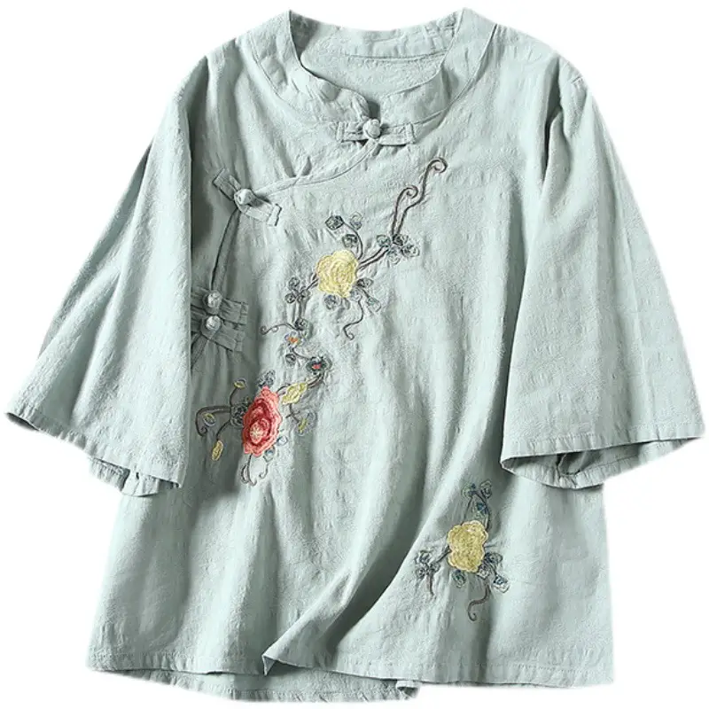 Women Embroidered Blue Collar Pullover Summer Wear - Image 5