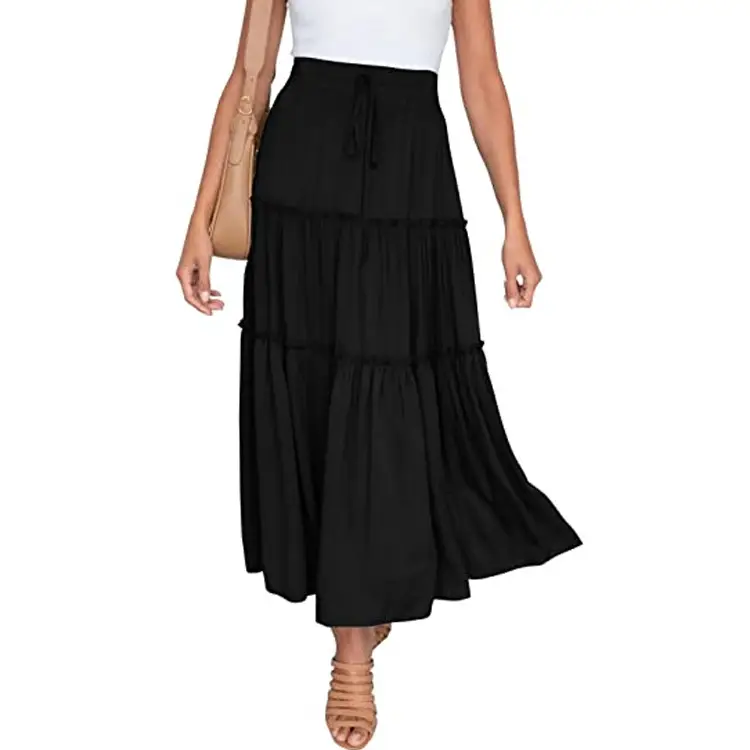 Black High-Waisted Pleated Skirt Mid-Length Bohemian Style - Image 27