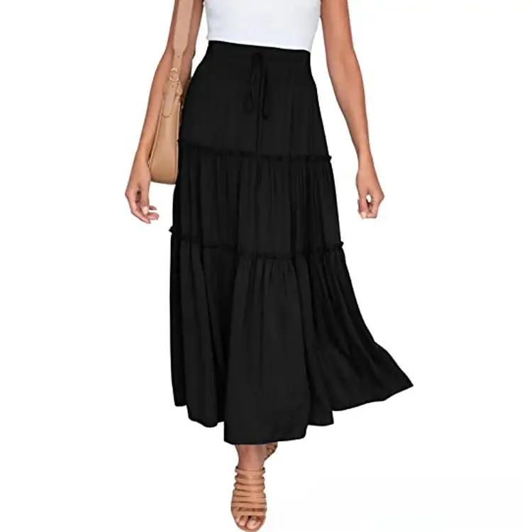 Black High-Waisted Pleated Skirt Mid-Length Bohemian Style - Image 3