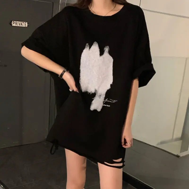 Women Ripped T-Shirt Black White Graphic Large