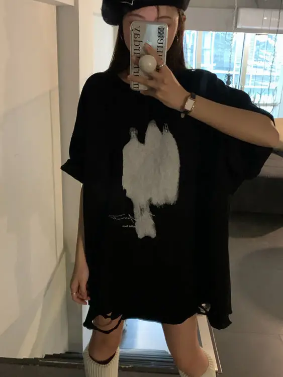 Women Ripped T-Shirt Black White Graphic Large — feature 21