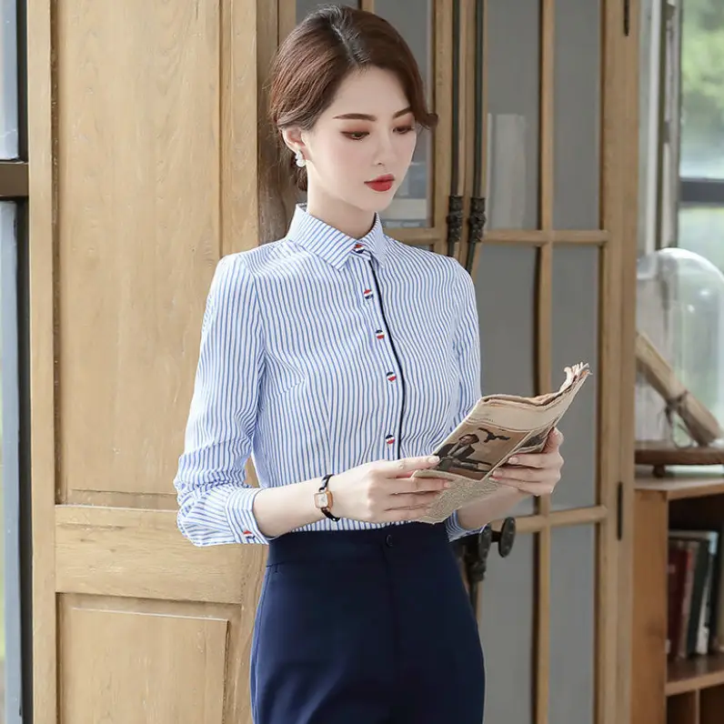 Women Blue Striped Shirt Business Wear Large Size - Image 3