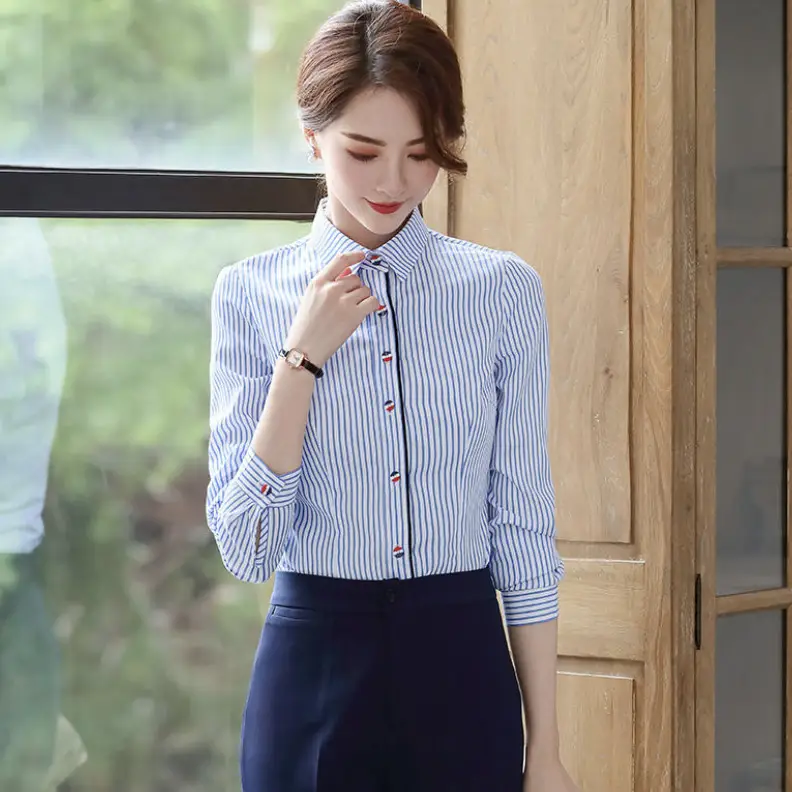 Women Blue Striped Shirt Business Wear Large Size - Image 4