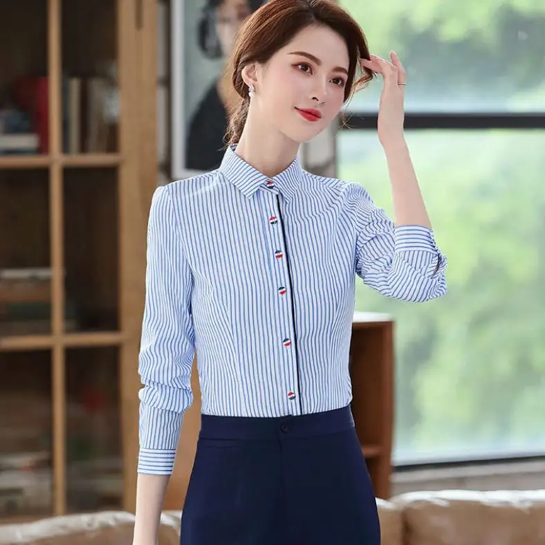 Women Blue Striped Shirt Business Wear Large Size - Image 5