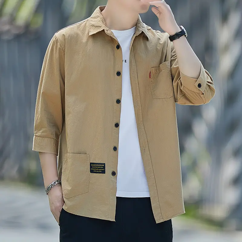 Men Pure Cotton 3/4 Sleeve Shirt Blue Hong Kong Style - Image 3