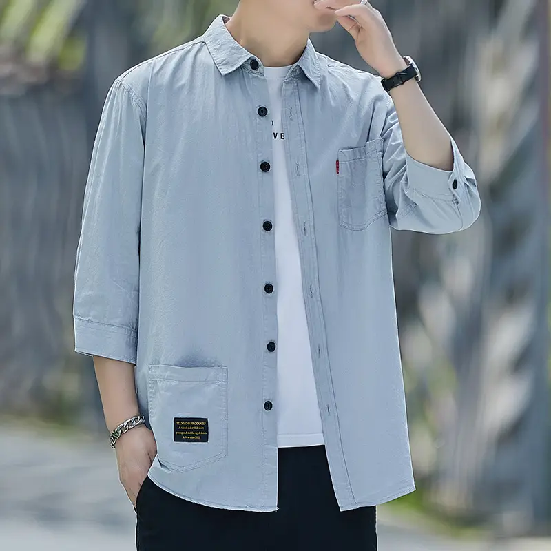 Men Pure Cotton 3/4 Sleeve Shirt Blue Hong Kong Style - Image 5