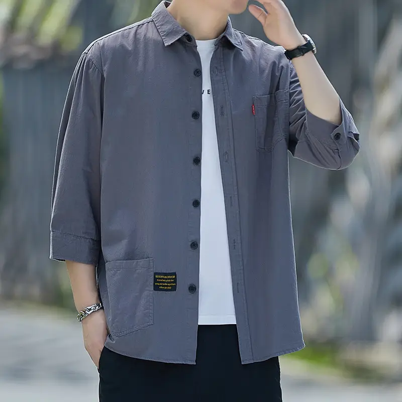 Men Pure Cotton 3/4 Sleeve Shirt Blue Hong Kong Style - Image 2