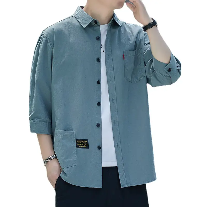 Men Pure Cotton 3/4 Sleeve Shirt Blue Hong Kong Style - Image 7
