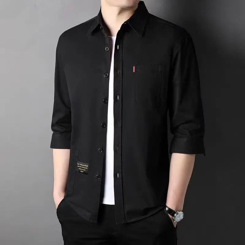 Men Pure Cotton 3/4 Sleeve Shirt Blue Hong Kong Style - Image 4