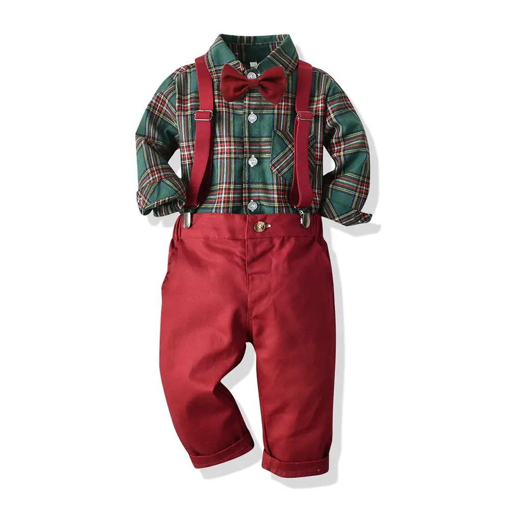 New Foreign Trade Cross-border Autumn Children's Wear Boys' Suit Cotton Long Sleeve Shirt Strap Pants One-year-old Christmas Dress - Image 18