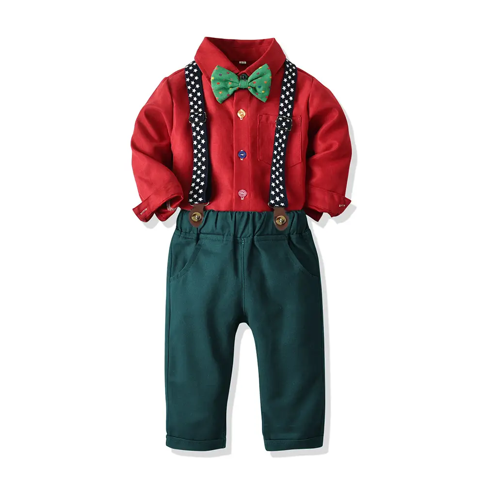 New Foreign Trade Cross-border Autumn Children's Wear Boys' Suit Cotton Long Sleeve Shirt Strap Pants One-year-old Christmas Dress - Image 19