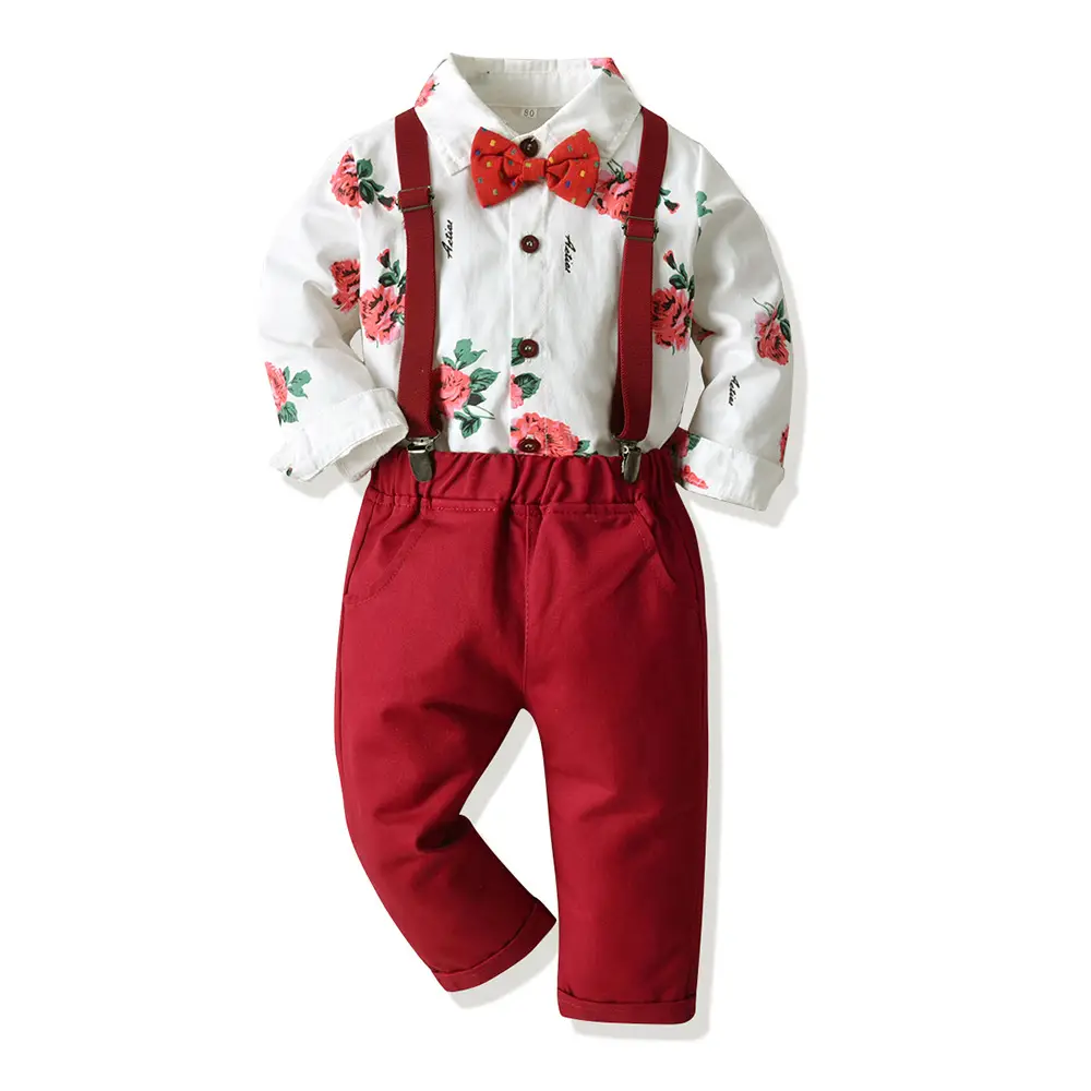 New Foreign Trade Cross-border Autumn Children's Wear Boys' Suit Cotton Long Sleeve Shirt Strap Pants One-year-old Christmas Dress - Image 20