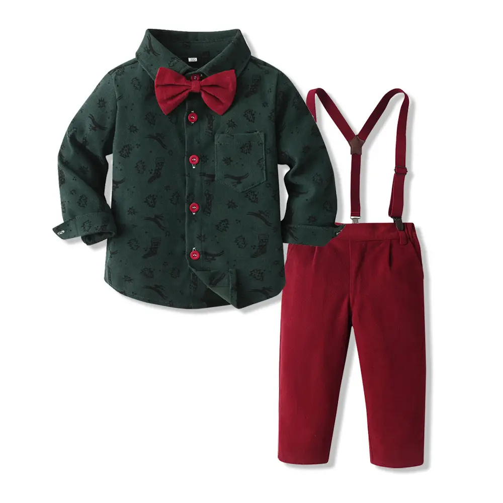 New Foreign Trade Cross-border Autumn Children's Wear Boys' Suit Cotton Long Sleeve Shirt Strap Pants One-year-old Christmas Dress - Image 10