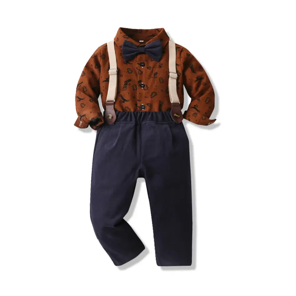 New Foreign Trade Cross-border Autumn Children's Wear Boys' Suit Cotton Long Sleeve Shirt Strap Pants One-year-old Christmas Dress - Image 11