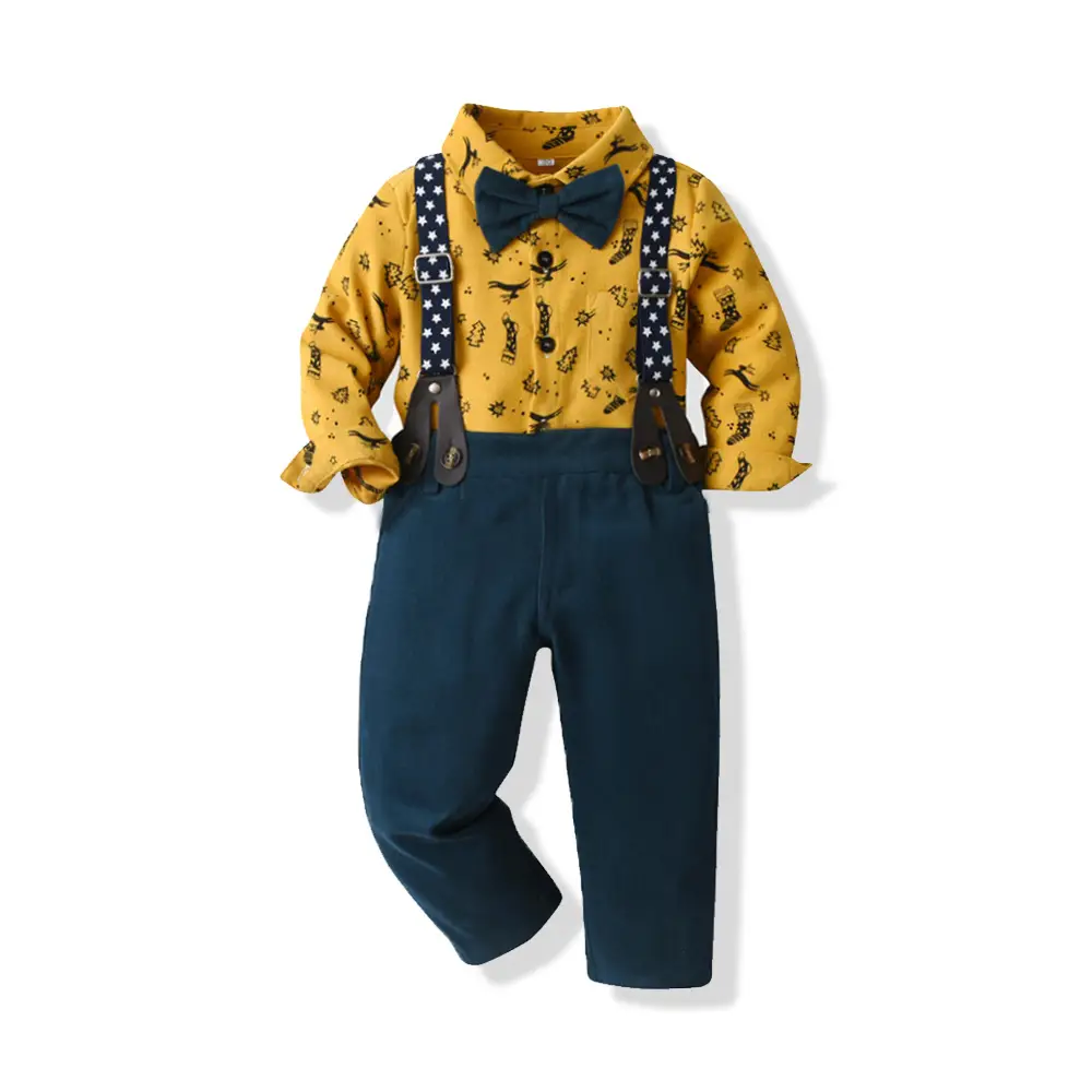 New Foreign Trade Cross-border Autumn Children's Wear Boys' Suit Cotton Long Sleeve Shirt Strap Pants One-year-old Christmas Dress - Image 12