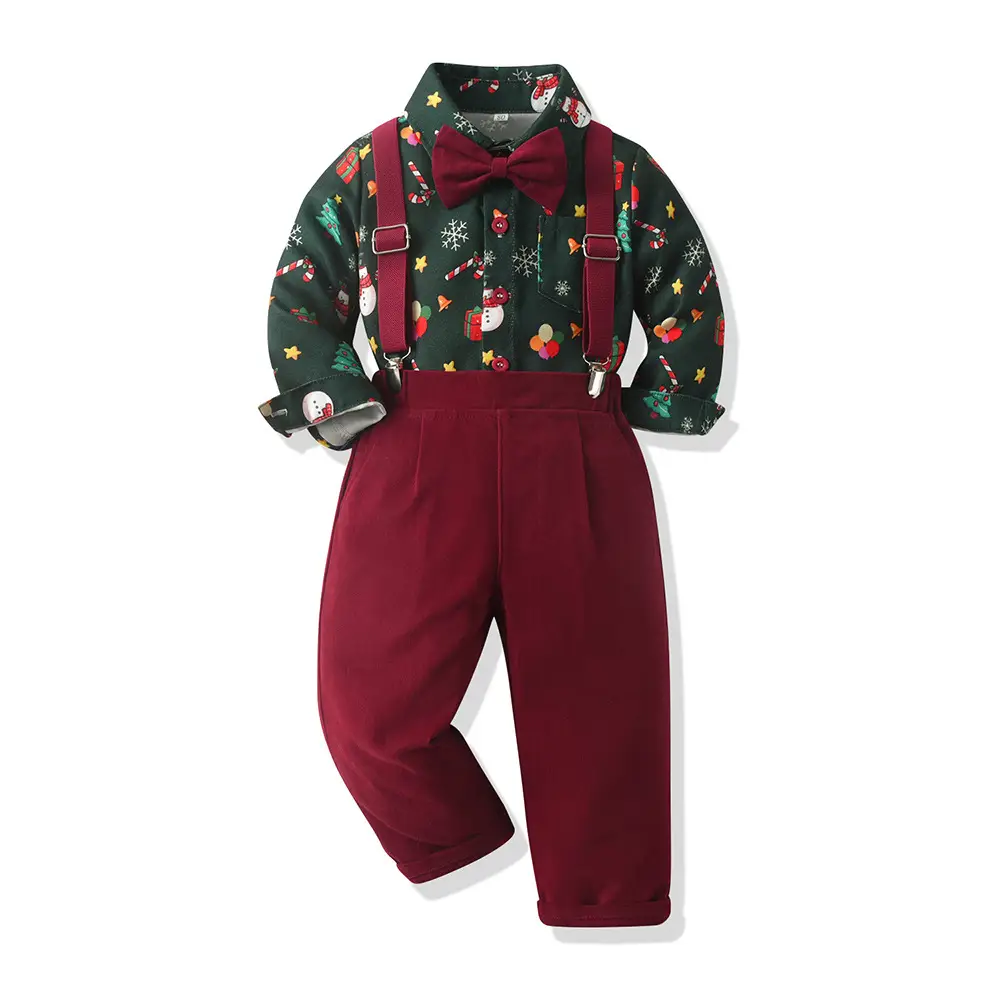 New Foreign Trade Cross-border Autumn Children's Wear Boys' Suit Cotton Long Sleeve Shirt Strap Pants One-year-old Christmas Dress - Image 13