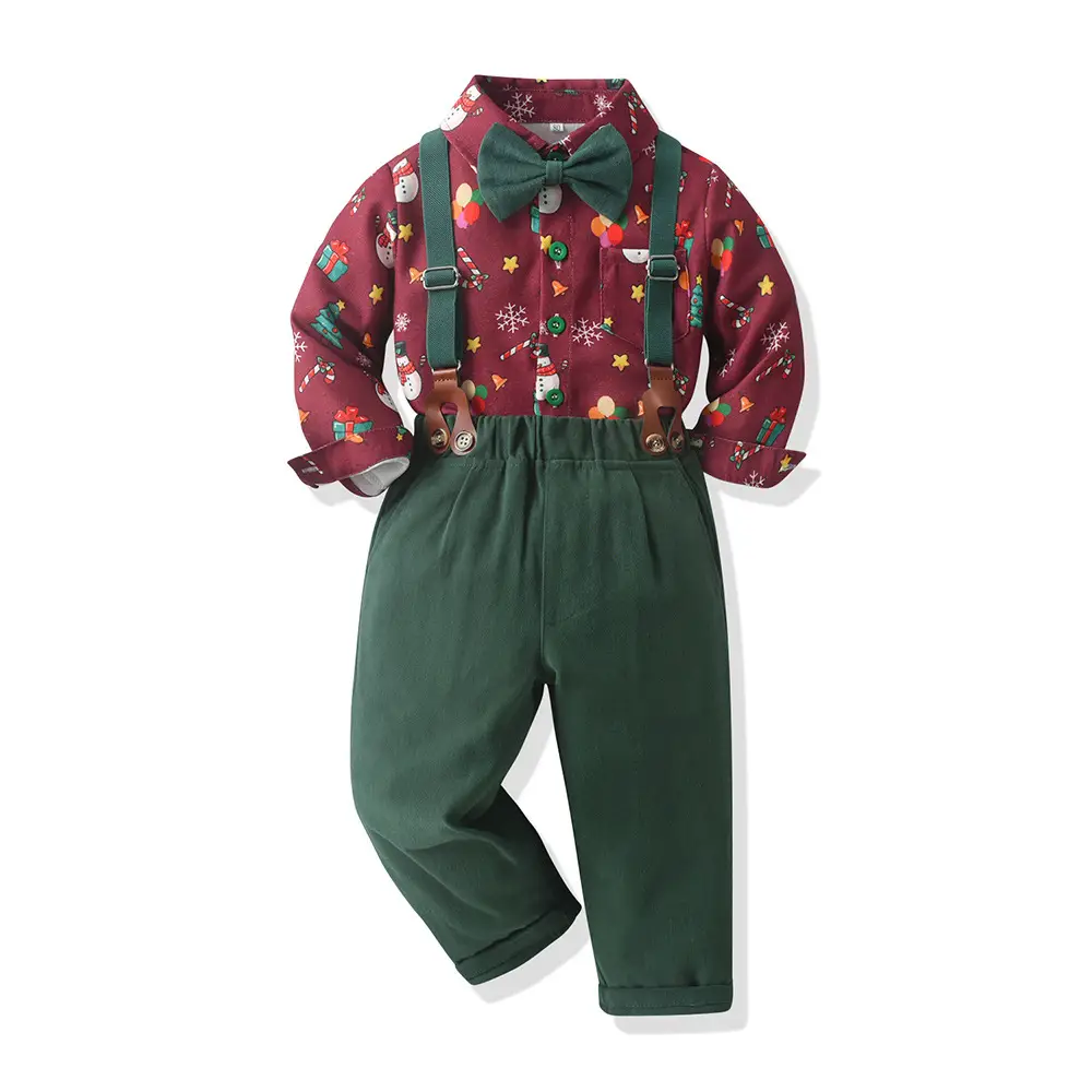 New Foreign Trade Cross-border Autumn Children's Wear Boys' Suit Cotton Long Sleeve Shirt Strap Pants One-year-old Christmas Dress - Image 14