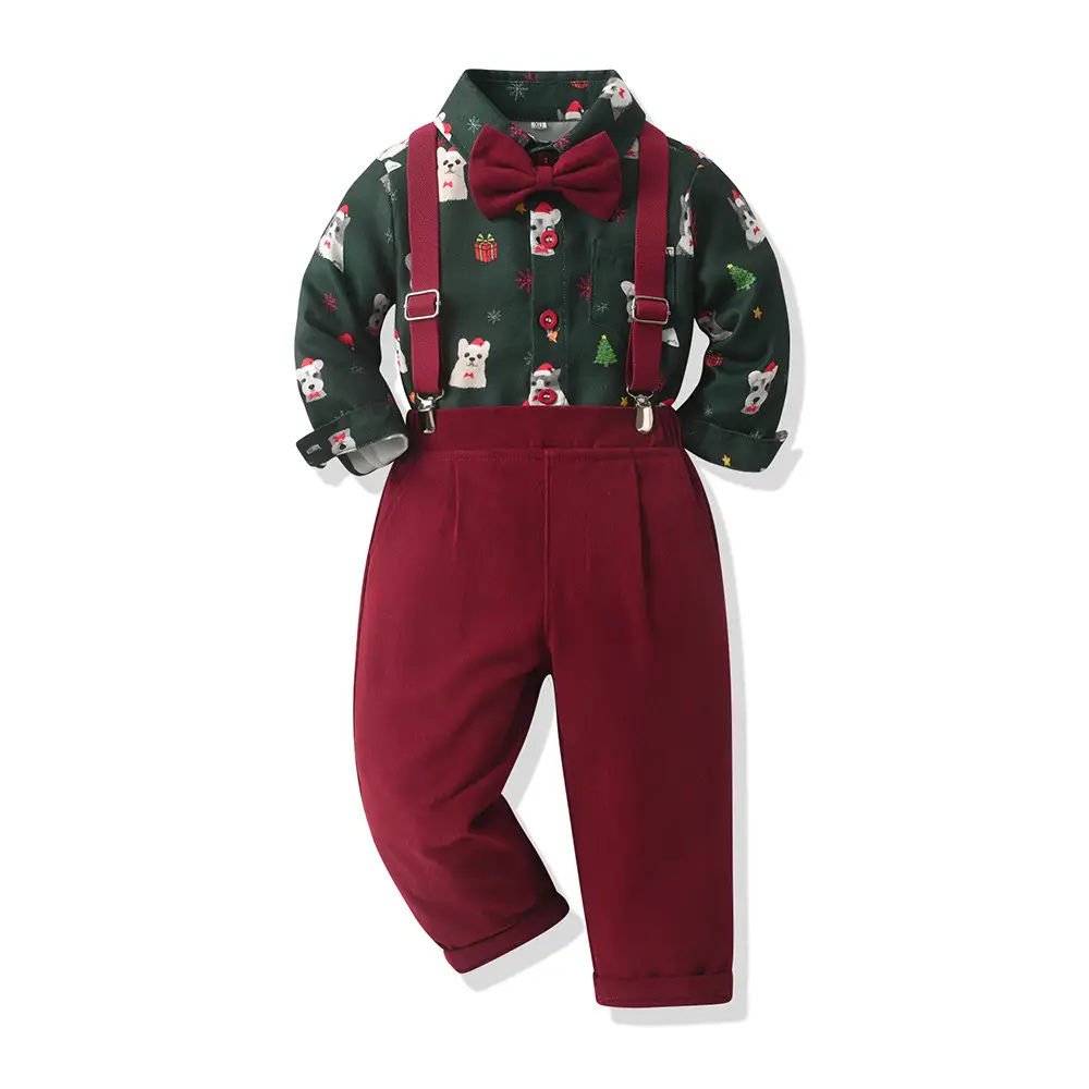 New Foreign Trade Cross-border Autumn Children's Wear Boys' Suit Cotton Long Sleeve Shirt Strap Pants One-year-old Christmas Dress - Image 15