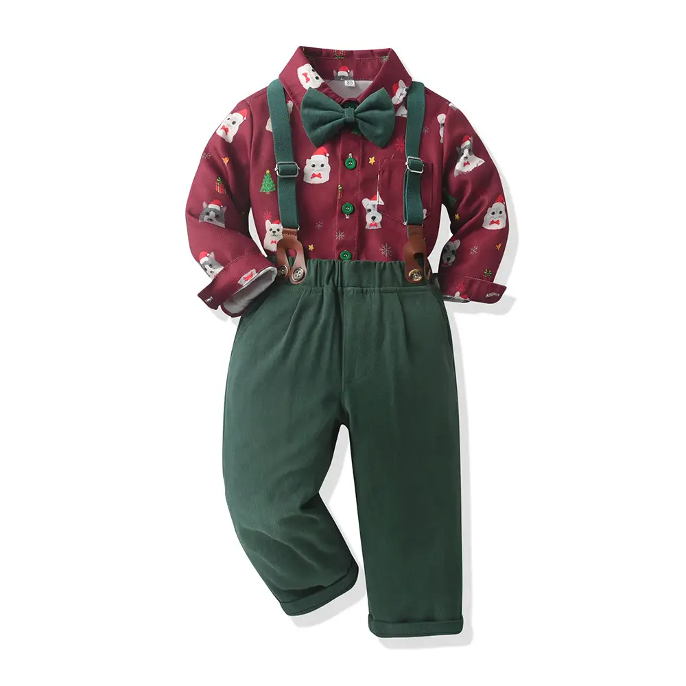 New Foreign Trade Cross-border Autumn Children's Wear Boys' Suit Cotton Long Sleeve Shirt Strap Pants One-year-old Christmas Dress - Image 16