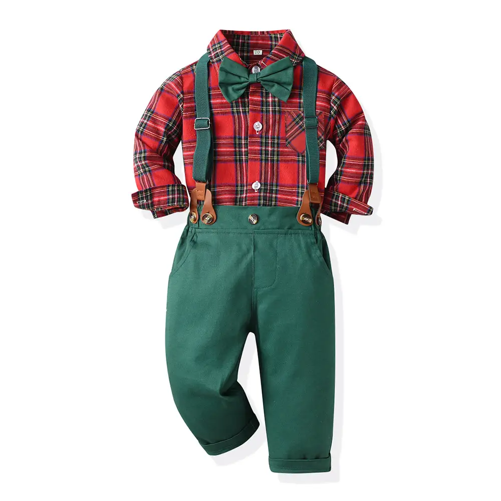 New Foreign Trade Cross-border Autumn Children's Wear Boys' Suit Cotton Long Sleeve Shirt Strap Pants One-year-old Christmas Dress - Image 3